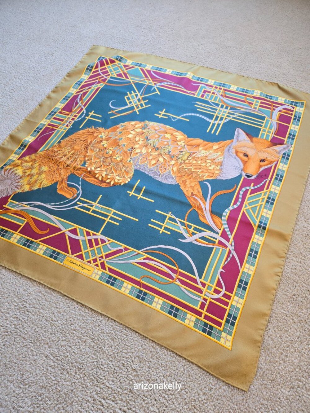 Ferragamo Silk Scarf Fox Flowers Leaves Hand Rolled Hems - Picture 5 of 13